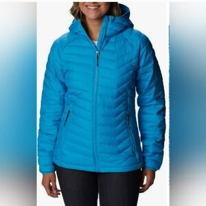 Columbia Women Powder Lite Hooded Jacket Omni Heat Blue Size Medium New Puffer